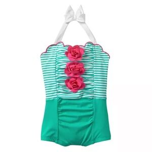 Janie & Jack Girls Striped Rosette Swimsuit - Seafoam Green Stripe - 6-12M